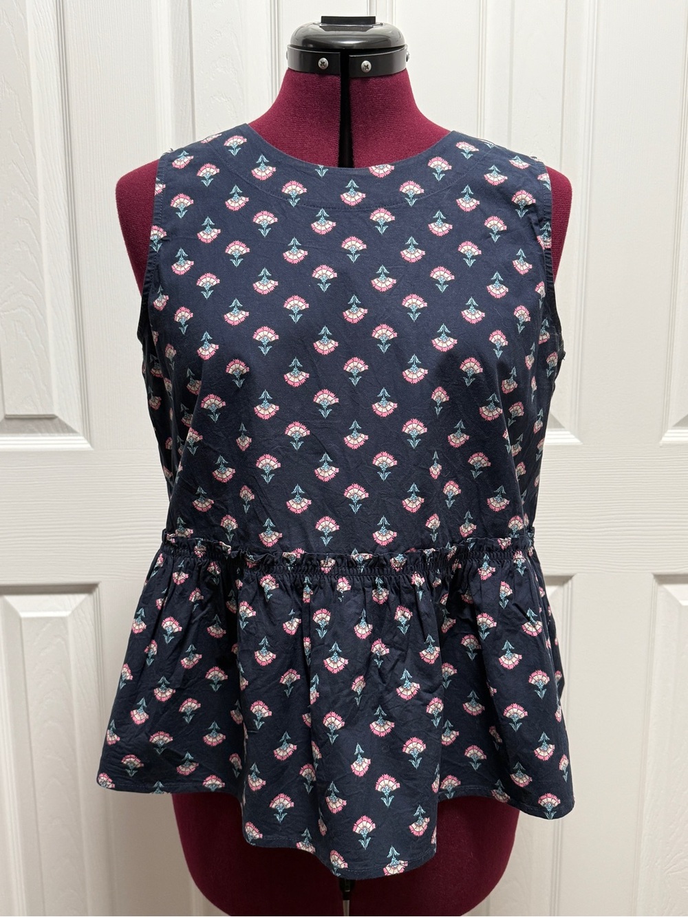 Ann Taylor Navy Floral Peplum Tank with Pink Accents